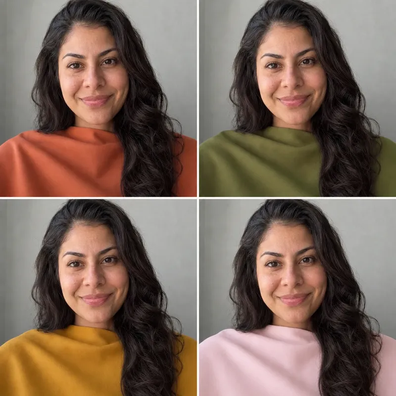 Example: a Warm Autumn in terracotta, olive and mustard, and in icy pink, the color to avoid
