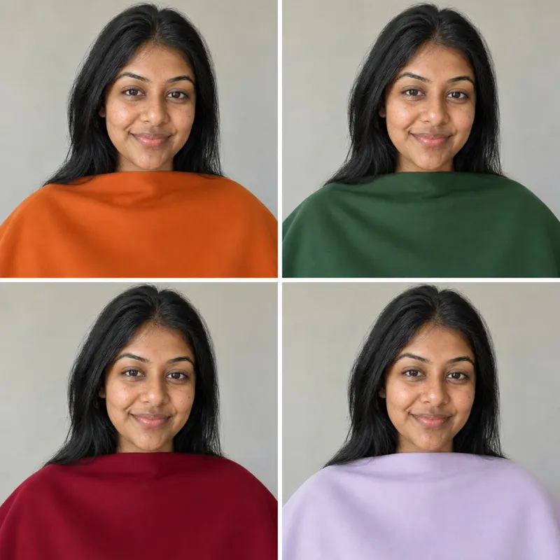 Ejemplo: una persona Otoño Profundo con Naranja quemado, Verde bosque, Vino, sus mejores colores, y con Lavanda pastel, el que debe alejar de su rostro