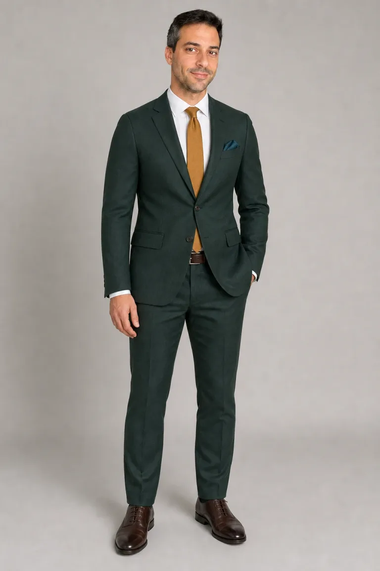 The same avatar wearing a forest green suit for a cocktail-attire wedding