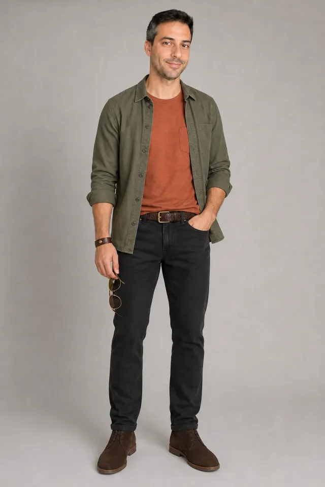 First look: olive overshirt over a rust tee, black jeans and suede chukka boots
