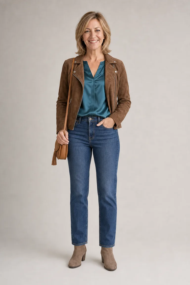 Primer look: blusa de satín verde azulado, chamarra biker de gamuza café, jeans de pierna recta y botines color topo