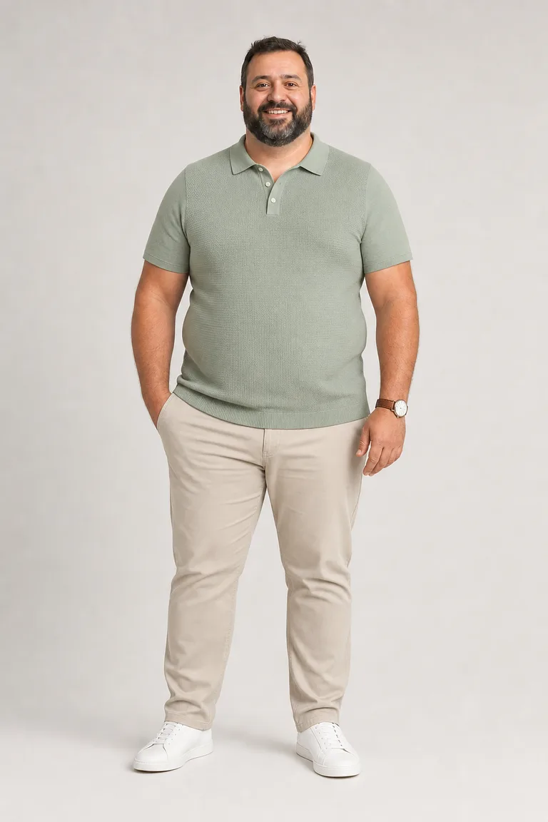 Diego wears a sage green knit polo with stone chinos and white leather sneakers.