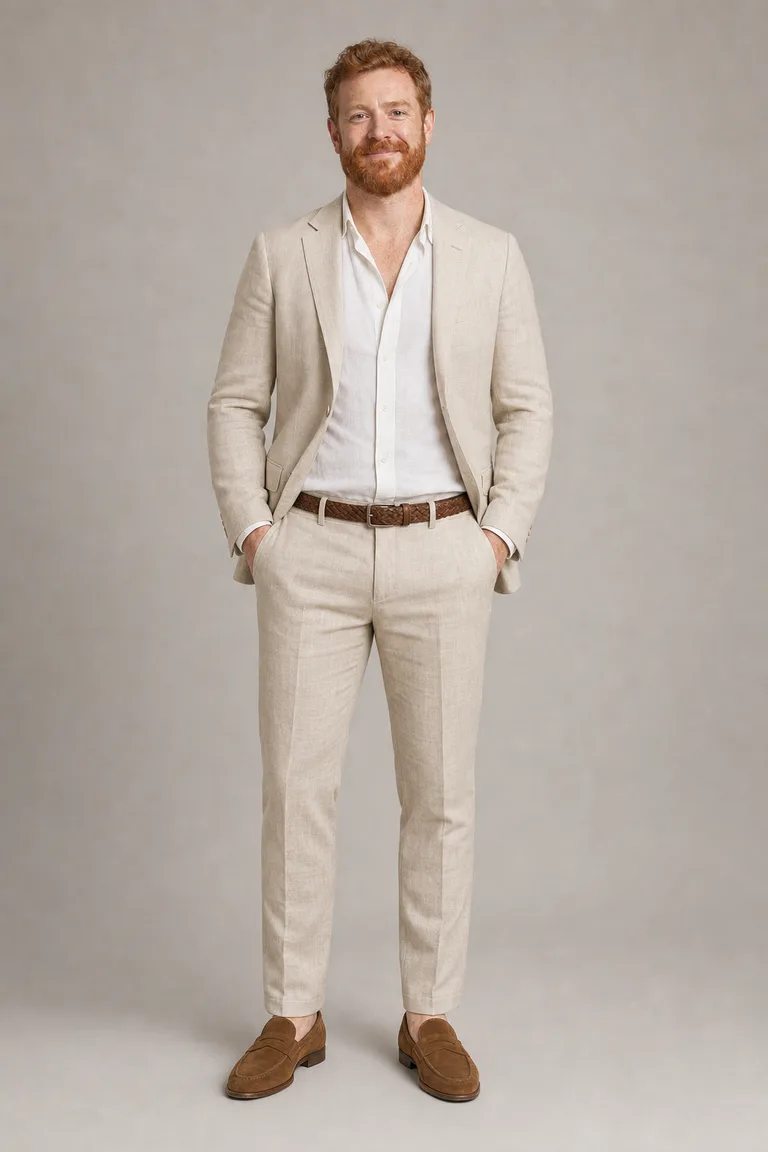Broad man with a red beard in a sand linen suit, cream open-collar linen shirt and tobacco suede loafers.