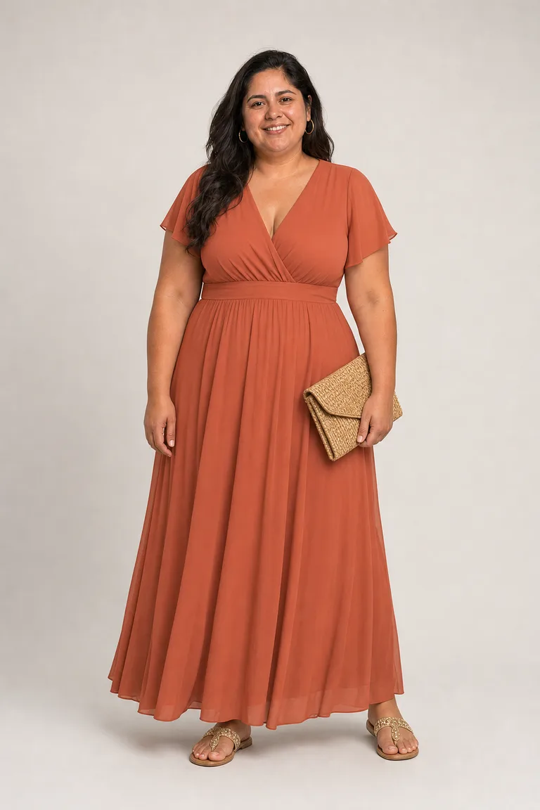 Plus-size woman in a terracotta chiffon maxi dress with flutter sleeves, gold flat sandals and a straw clutch.