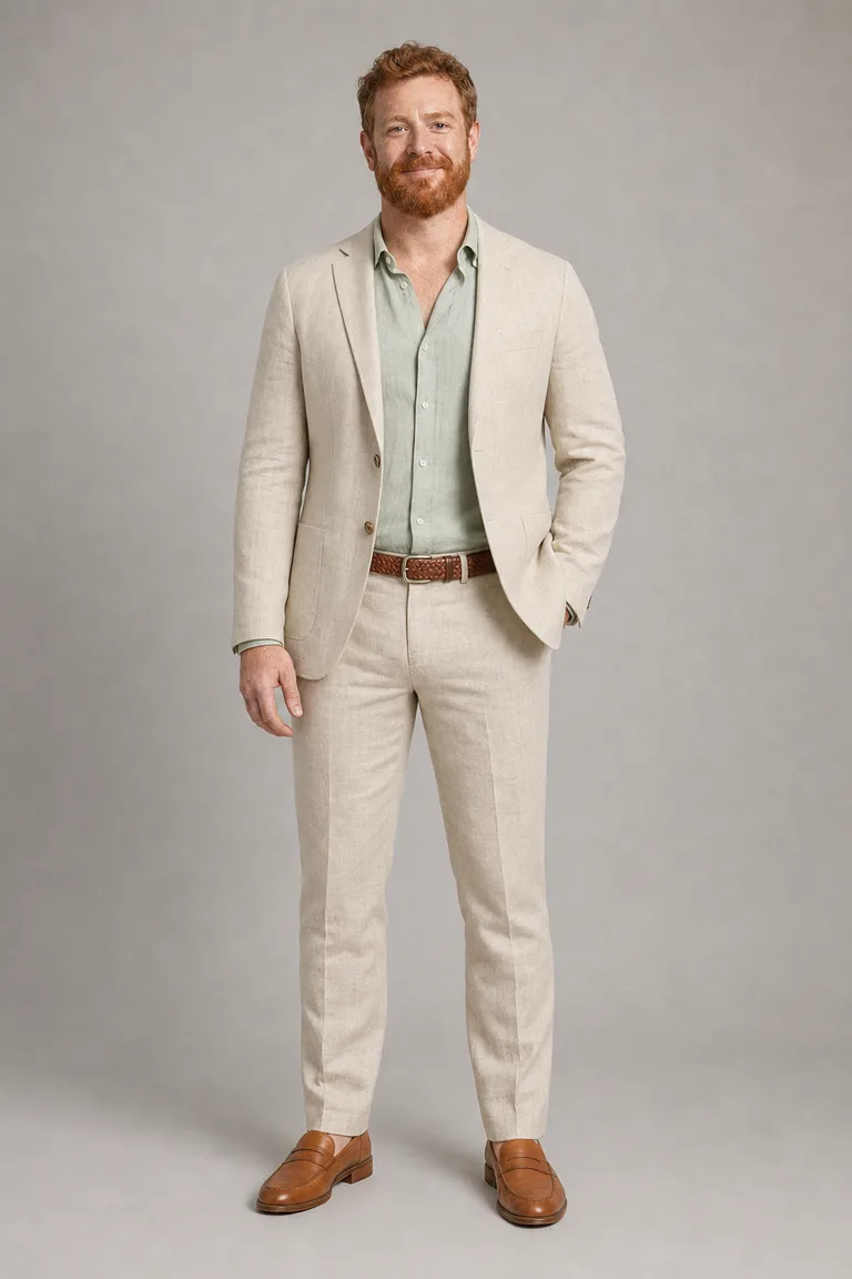 Liam wears a sand-colored linen suit with an open-collar pale sage linen shirt and tan leather loafers.