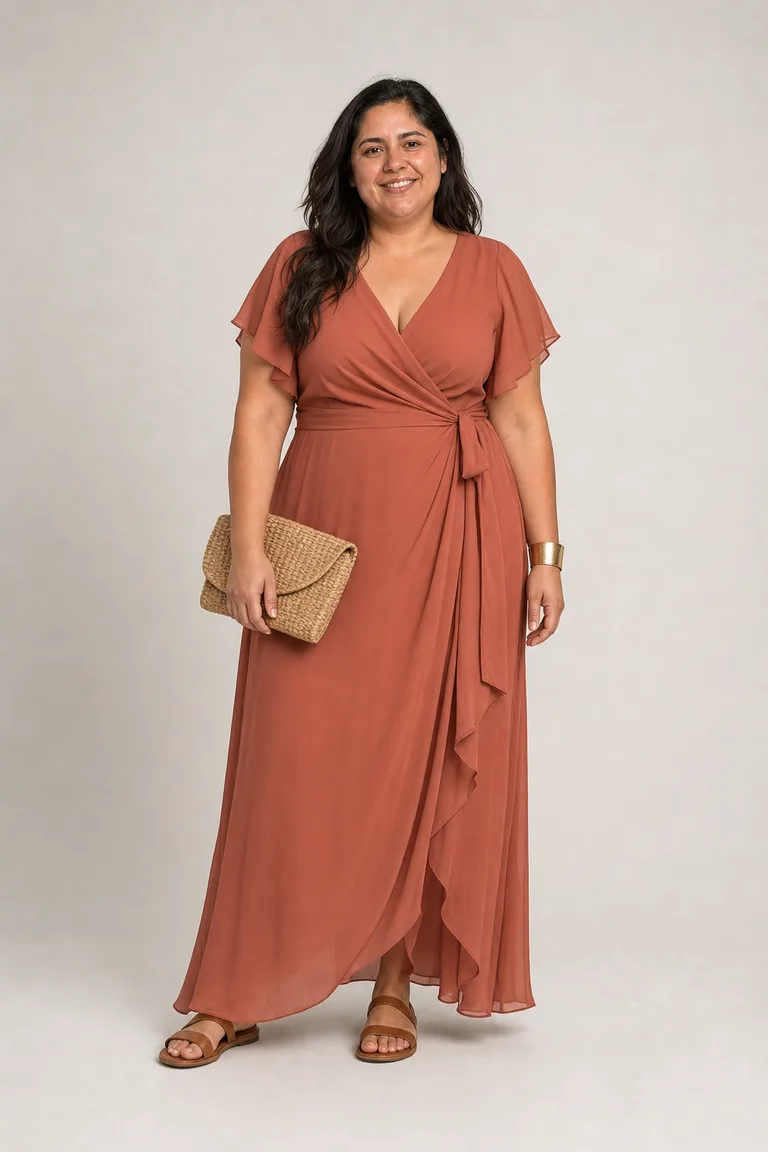 Sofia wears a flowing terracotta chiffon maxi dress with flutter sleeves, a gold cuff and flat cognac sandals.