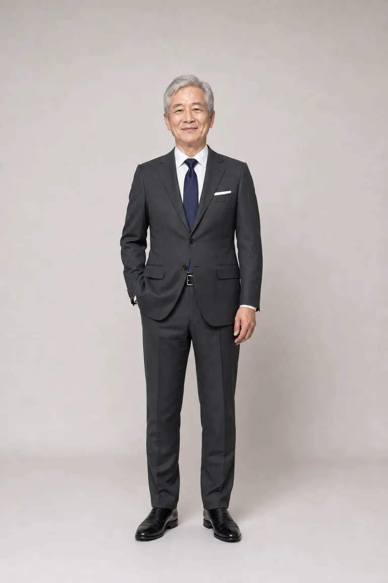 An East Asian man in his early 60s wearing a charcoal suit, white shirt, navy silk tie and black cap-toe oxfords.