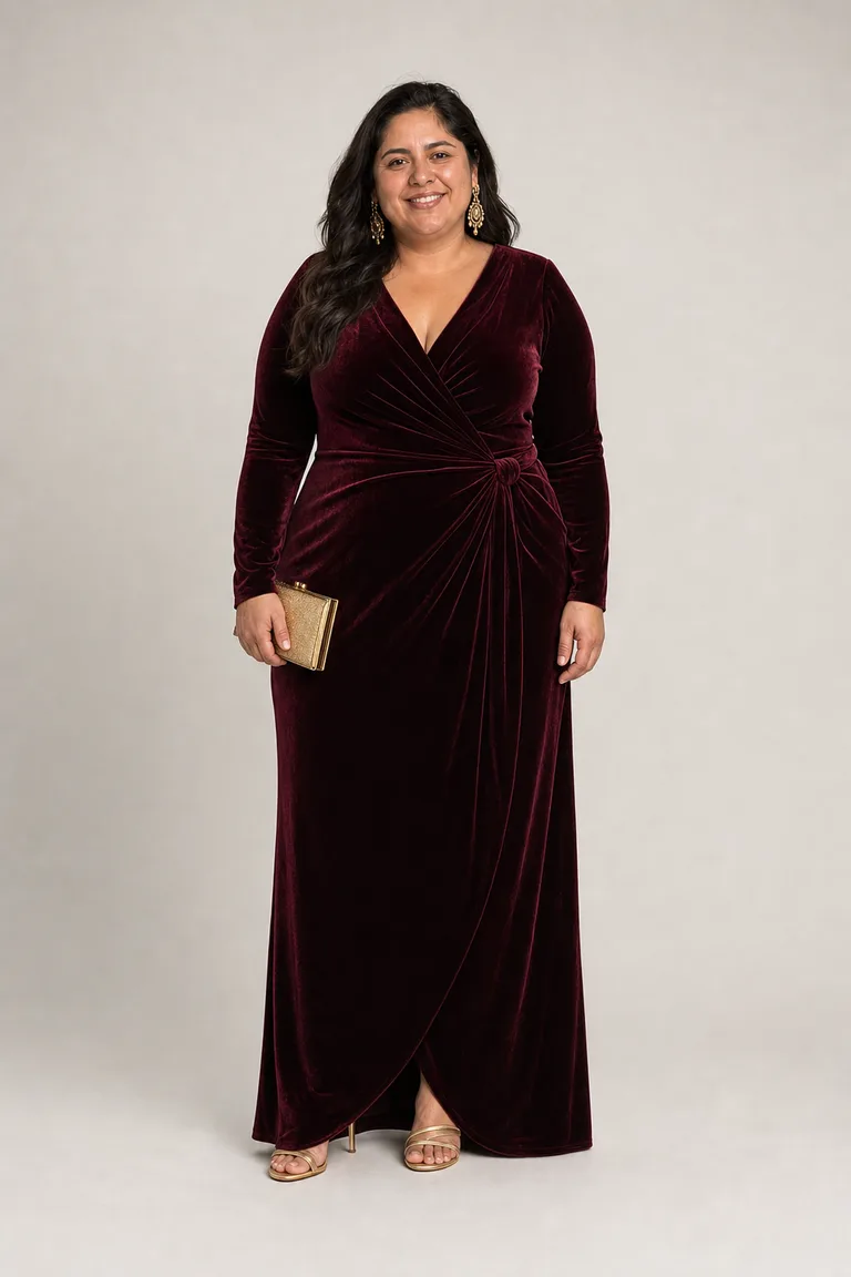 A plus-size Latina woman in a long-sleeve garnet velvet wrap gown with gold drop earrings and a gold clutch.
