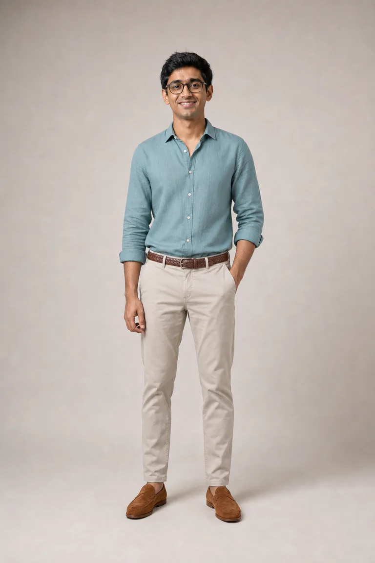 Arjun wears a muted teal linen-cotton shirt with rolled sleeves, stone chinos and cognac suede loafers.