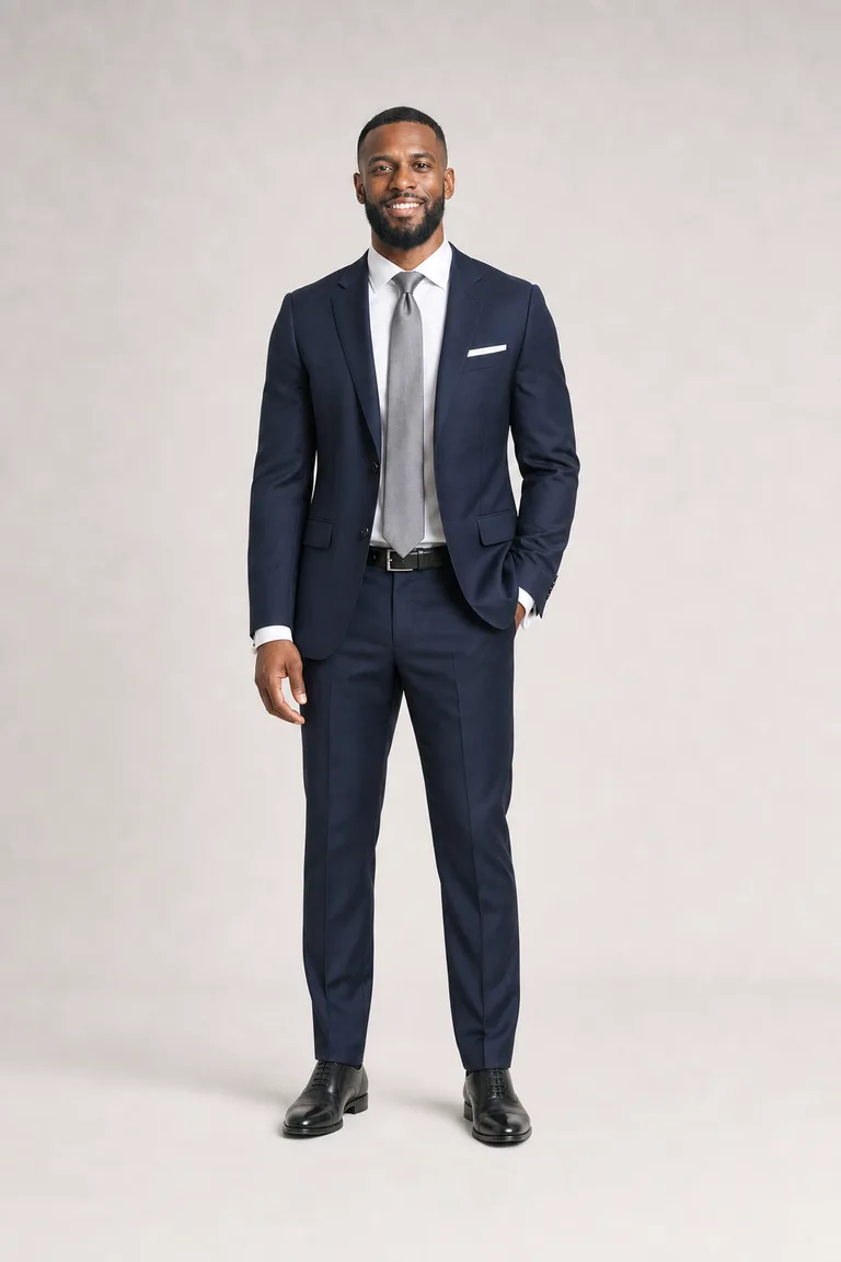 Athletic man in a midnight navy suit, white shirt and silver-gray tie with a white pocket square and black cap-toe oxfords.