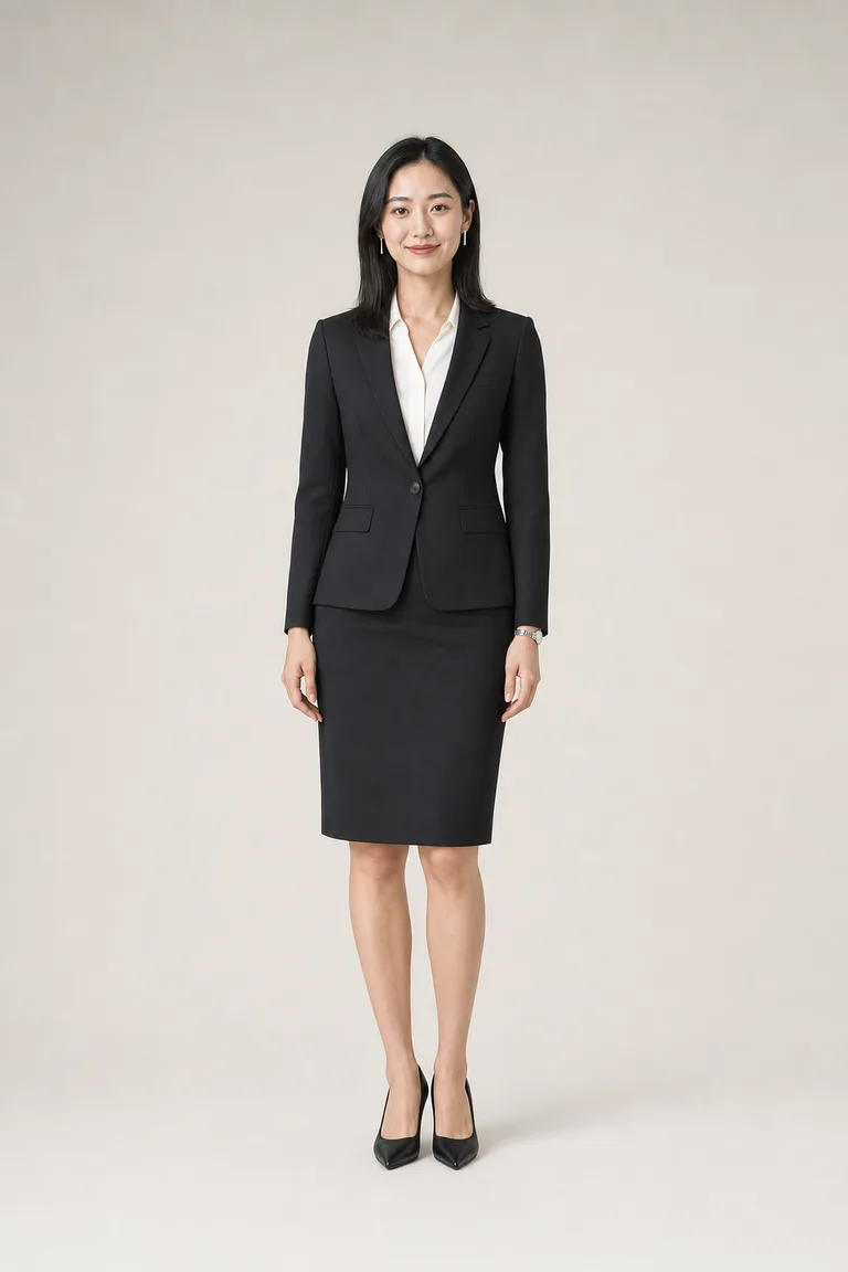 Tall woman in a black skirt suit with a white silk blouse and black pointed pumps.