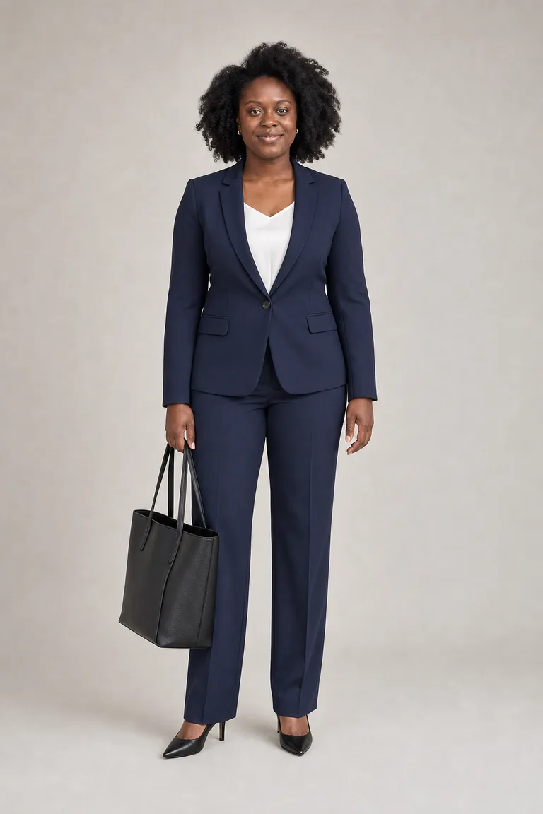 Curvy woman in a navy tailored pantsuit and white silk shell with black pointed pumps and a black leather tote.
