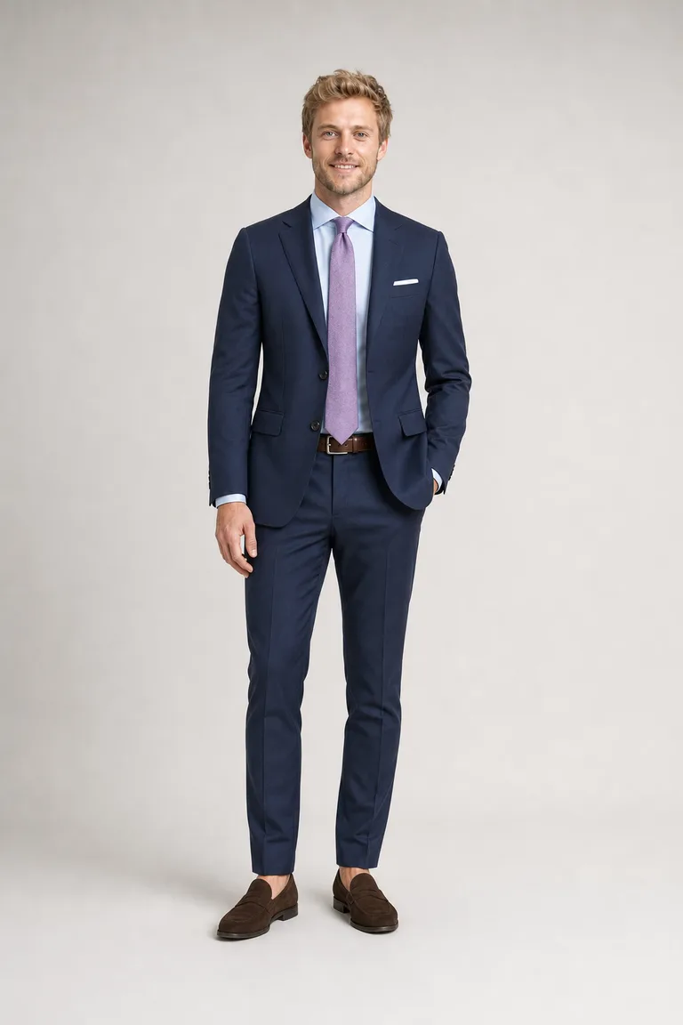 A lean blond man in a slim navy suit, powder blue shirt and lavender tie, with dark brown suede loafers.