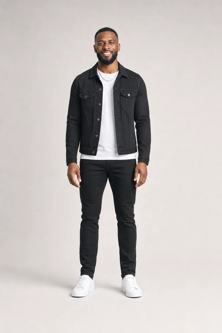 A tall athletic man in a black denim jacket, white tee, black jeans and white leather sneakers.