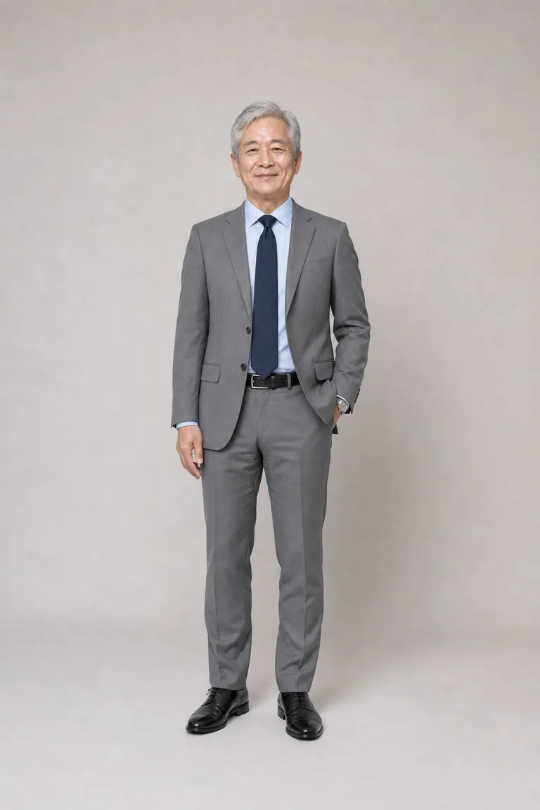 An East Asian man in his sixties wearing a mid-gray suit, pale blue shirt, navy tie and black oxfords.
