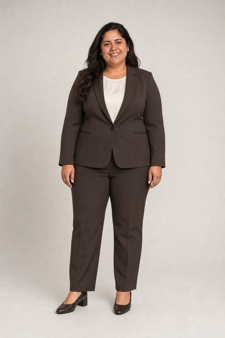A plus-size woman in an espresso brown pantsuit with a cream shell and low brown pumps.