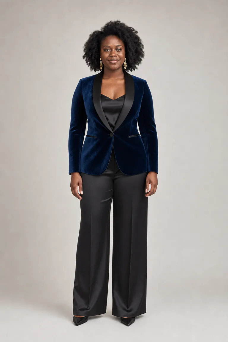 A curvy Black woman in a sapphire velvet tuxedo blazer, black camisole and black satin wide-leg trousers with gold earrings.
