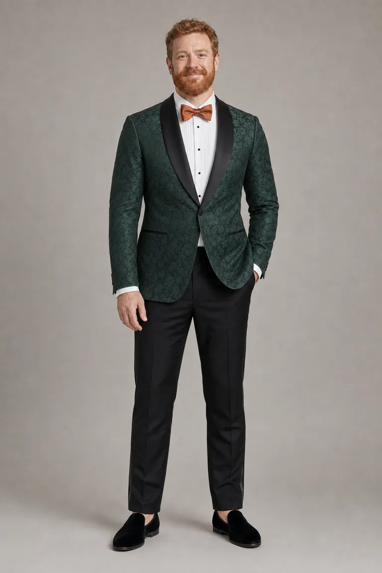A broad man with a red beard in a forest green jacquard dinner jacket, ivory shirt, copper bow tie and black velvet slippers.