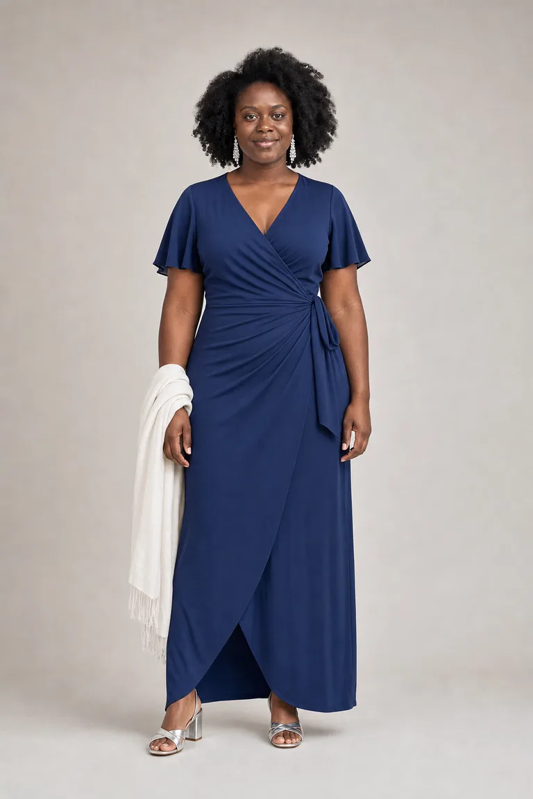 A curvy Black woman in a sapphire blue wrap maxi dress with silver earrings and metallic sandals, a white wrap over one arm.