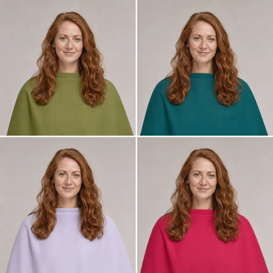 A drape test for a Warm Autumn: the same woman in olive and teal drapes on top, and in lavender and fuchsia drapes below
