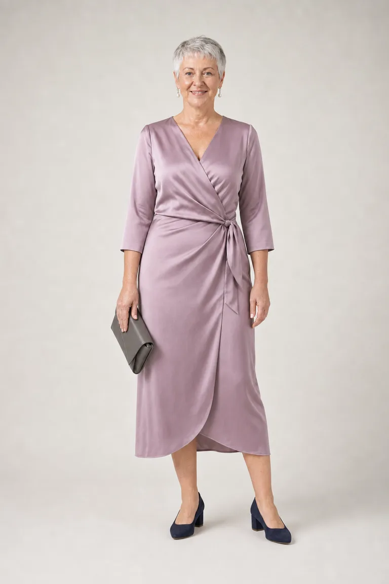 Petite woman with a silver pixie cut in a mauve silk midi wrap dress, navy suede block-heel pumps and pearl drop earrings.