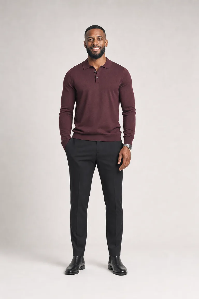 Athletic man in a burgundy long-sleeve knit polo, black wool trousers and black Chelsea boots.