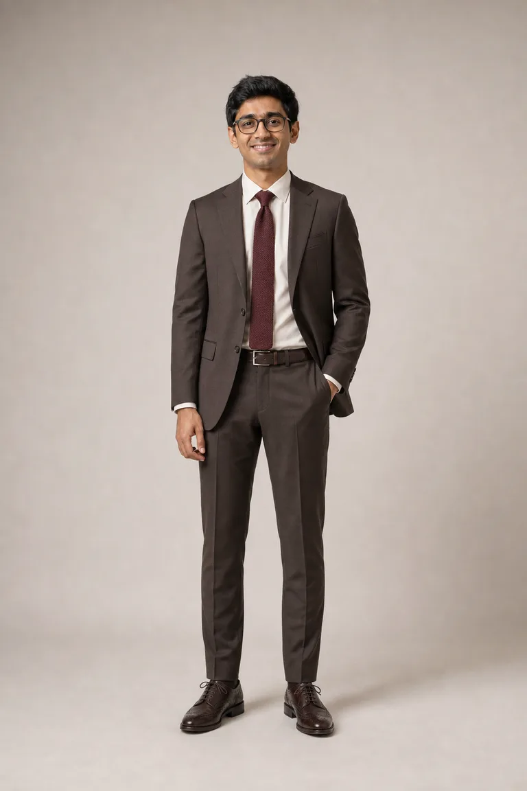 Arjun wears a chocolate brown wool suit with a cream shirt, a burgundy knit tie and dark brown brogues.