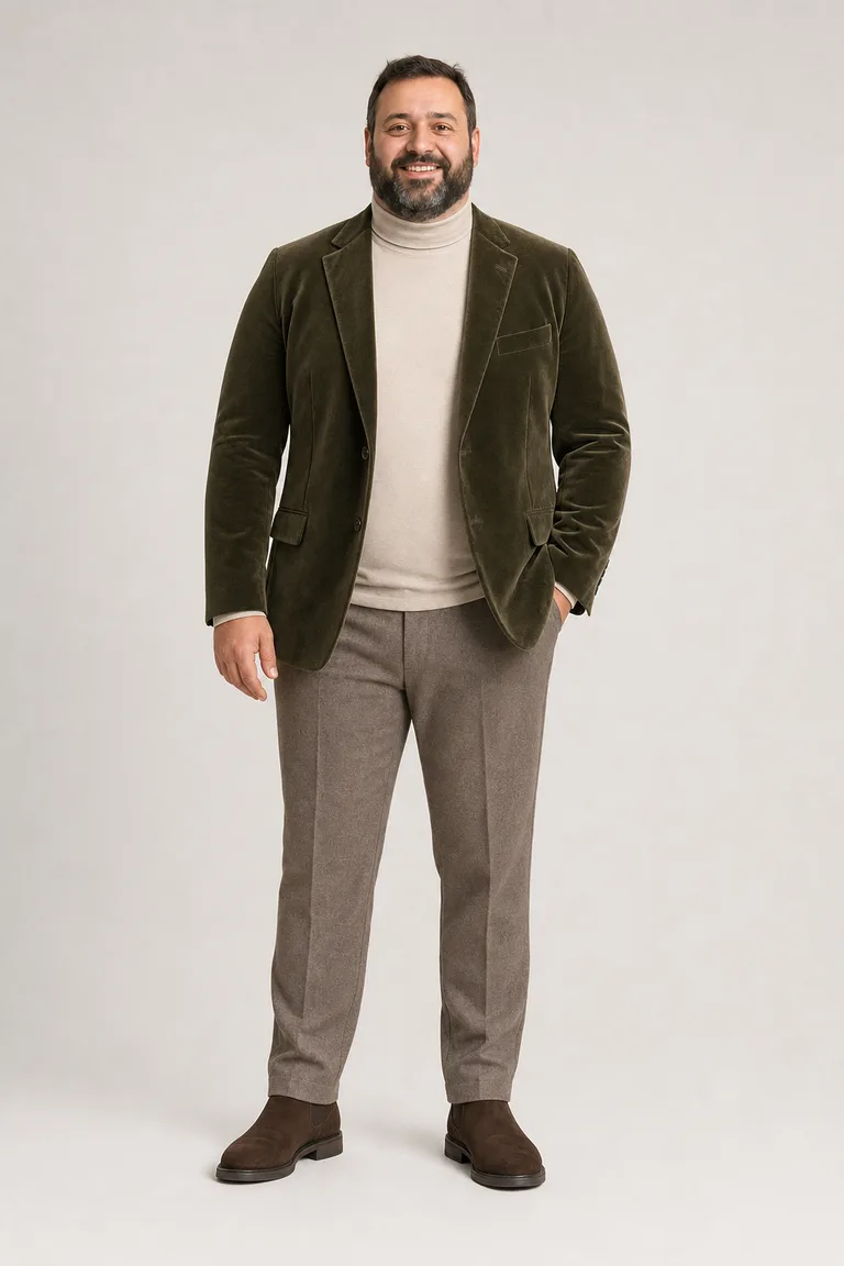 A bearded big and tall man wearing an olive velvet blazer over an oatmeal turtleneck, with taupe trousers and brown suede Chelsea boots.
