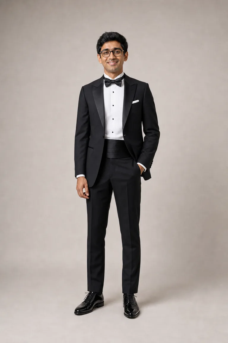 A slim South Asian man with glasses in a black peak-lapel tuxedo, white pleated shirt and black bow tie.