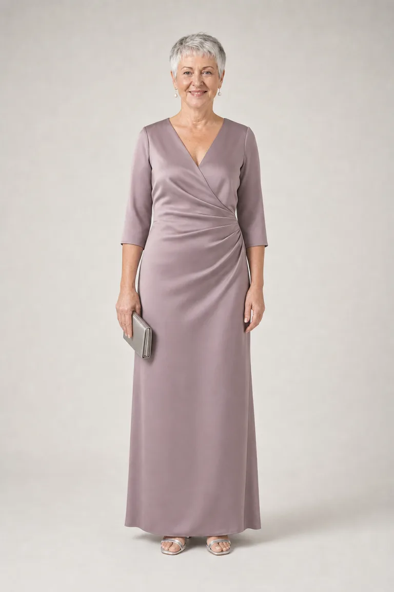 A petite woman in her early 60s with a silver pixie cut, wearing a long mauve crepe gown with pearl earrings and a pewter clutch.