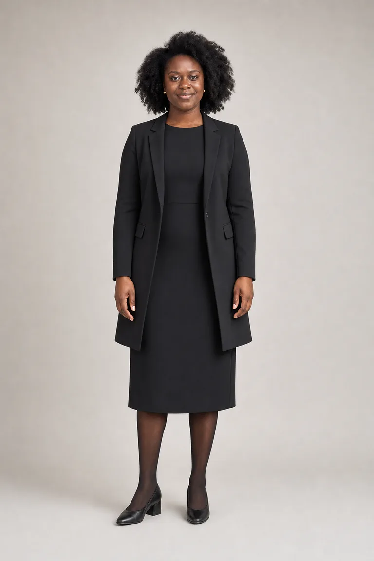 Imani wears a black crepe midi dress with elbow sleeves, a long black blazer, sheer tights and low black pumps.