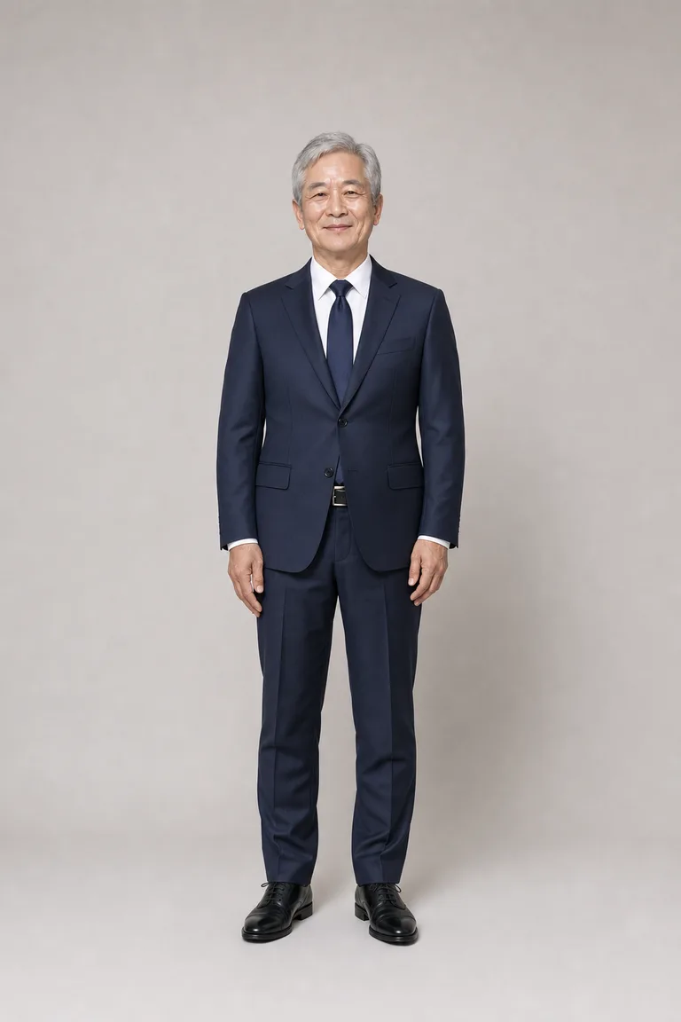 Kenji wears a navy two-button suit with a white shirt, a dark navy tie and black cap-toe oxfords.