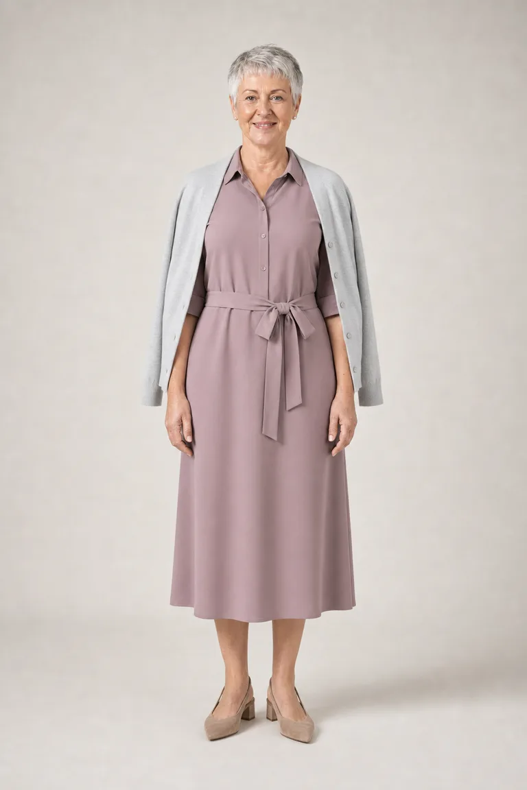 A petite woman with a silver pixie cut in a mauve midi shirtdress, a gray cardigan over her shoulders and low taupe slingbacks.