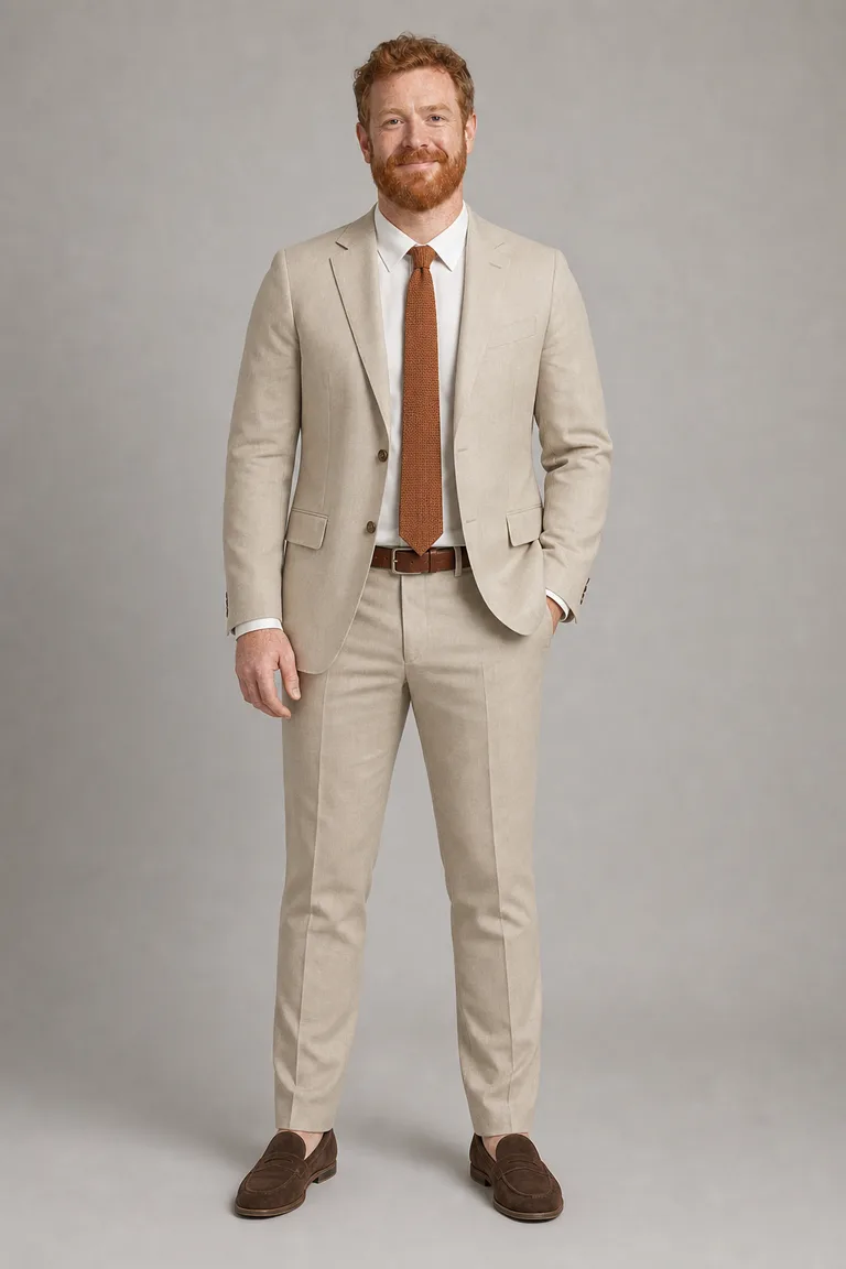 A broad man with a red beard in a light tan cotton suit, cream oxford shirt, copper knit tie and brown suede loafers.