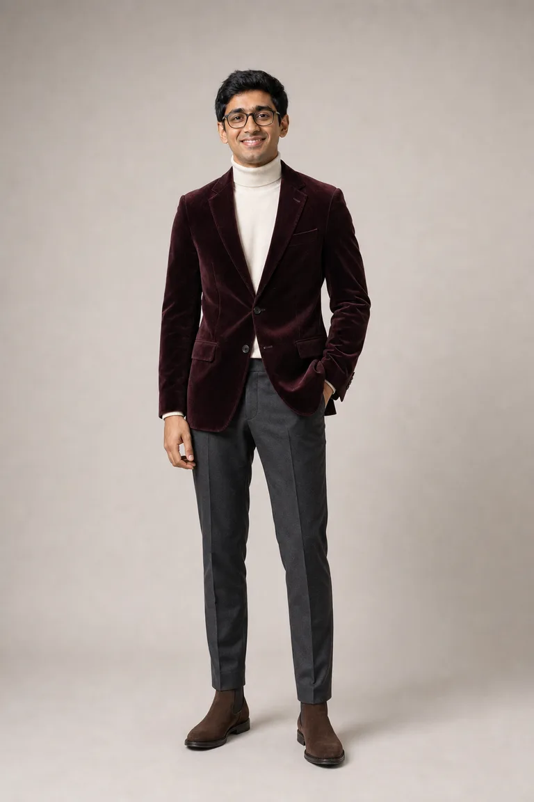 A slim South Asian man with glasses in an oxblood velvet blazer, cream turtleneck, charcoal trousers and brown suede boots.