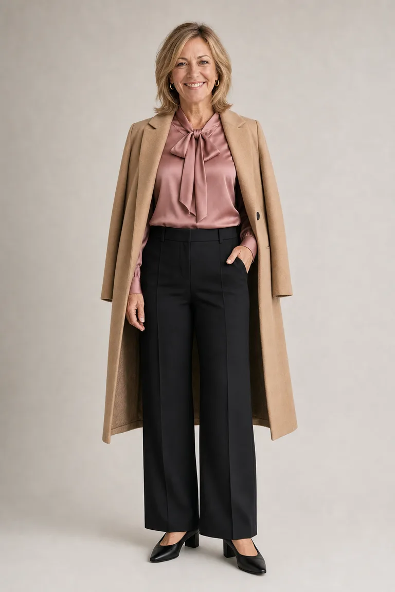 Julie con una blusa de satín rosa palo con moño, pantalón negro de pierna ancha y abrigo camel para una cena de aniversario