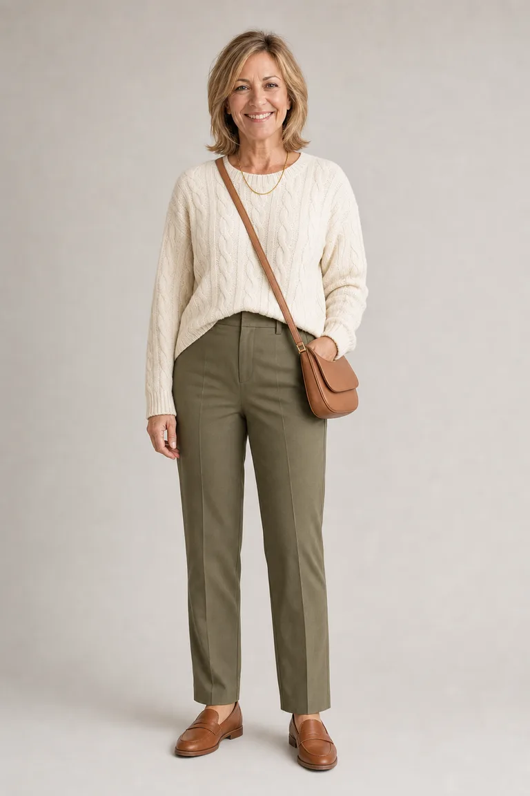 Julie con un suéter crema de punto trenzado y pantalón verde olivo para un brunch con amigos