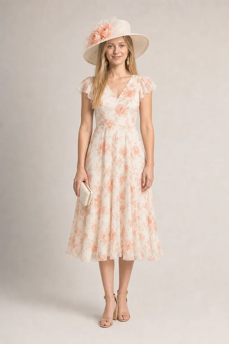 A slim blonde woman in a peach floral midi dress and a wide-brim ivory hat trimmed with peach roses.