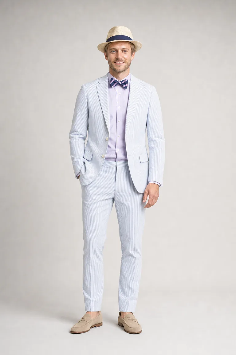 A lean blond man in a blue-and-white seersucker suit, lavender shirt, striped bow tie and straw Panama hat.