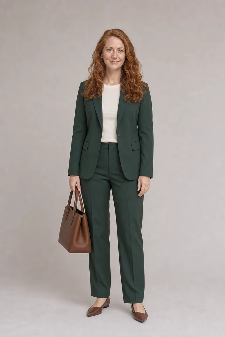 A woman with copper-red hair in a forest green trouser suit, ivory knit top and brown pointed flats, holding a brown leather tote.