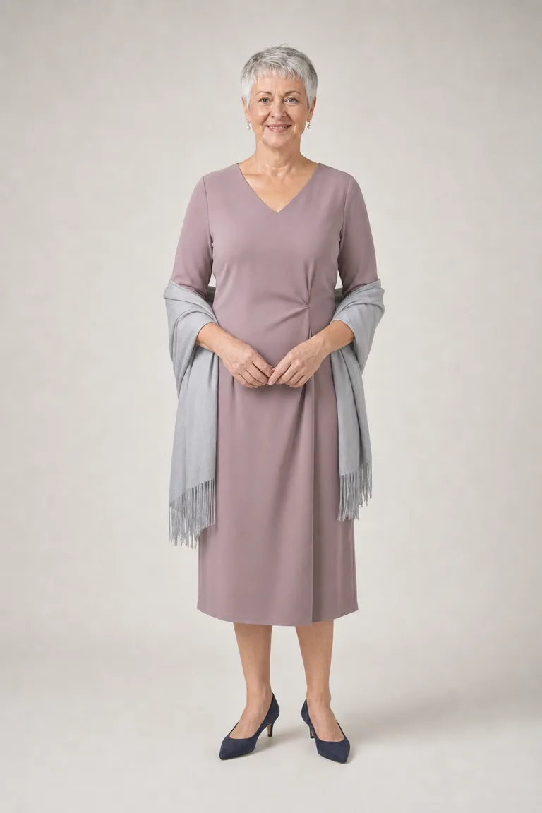 Helen wears a dusty mauve crepe midi dress with three-quarter sleeves, a pearl gray wrap and navy suede kitten heels.