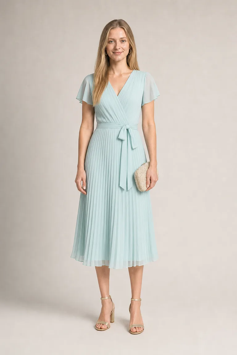 A slim blonde woman in a light aqua chiffon midi dress with flutter sleeves, gold block-heel sandals and a beaded clutch.