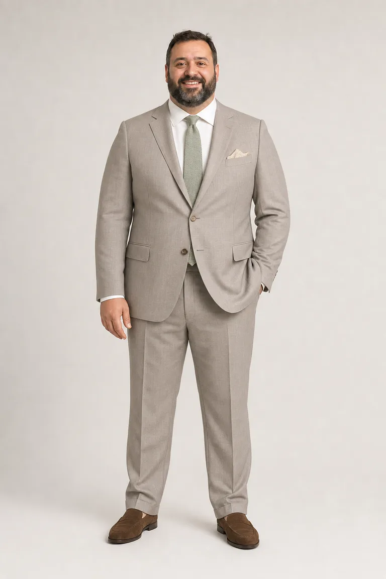 A big and tall man with a dark beard in a warm taupe suit, ecru shirt and sage knit tie, with brown suede loafers.