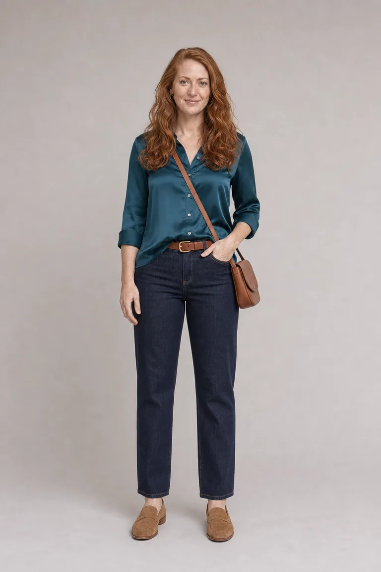 Woman with copper-red hair in a teal silk blouse half-tucked into dark straight jeans with tan suede loafers.