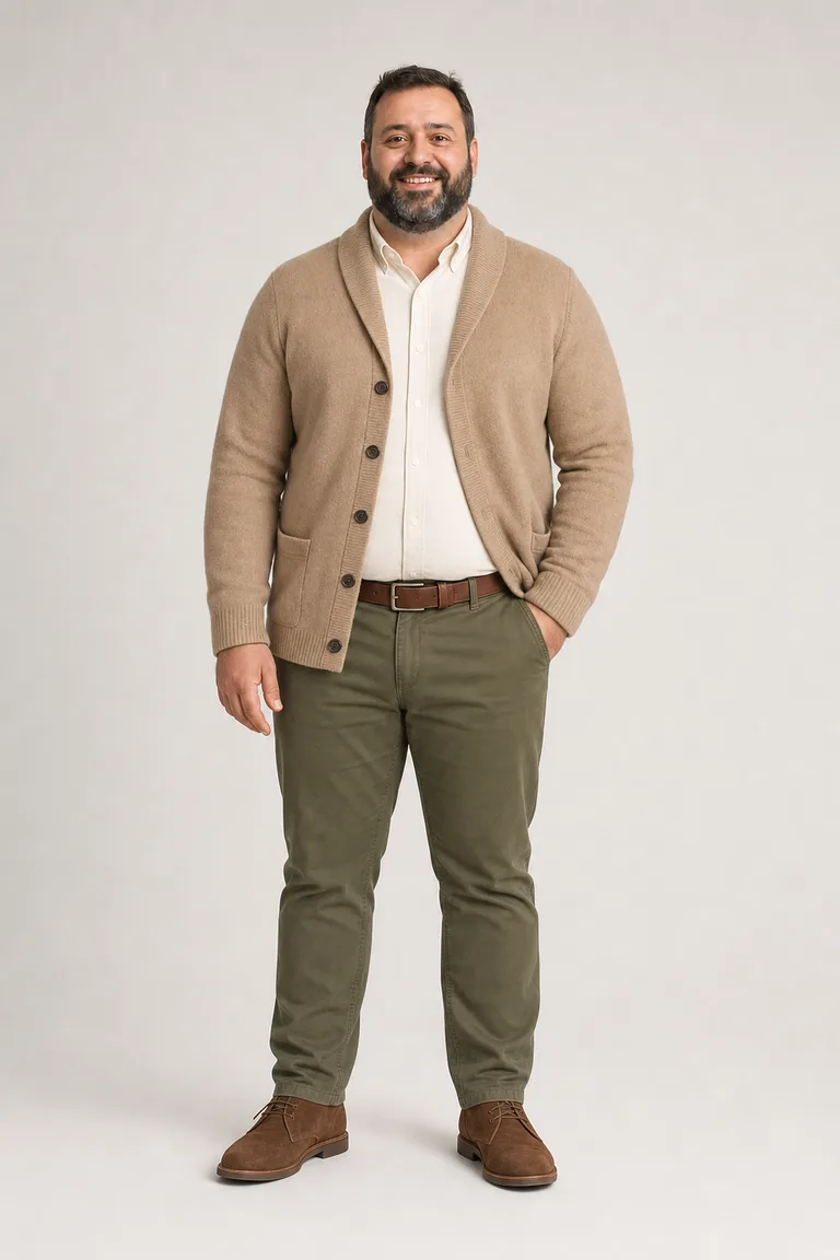 A big and tall man with a dark beard in a camel shawl-collar cardigan, cream oxford shirt, olive chinos and brown suede chukka boots.