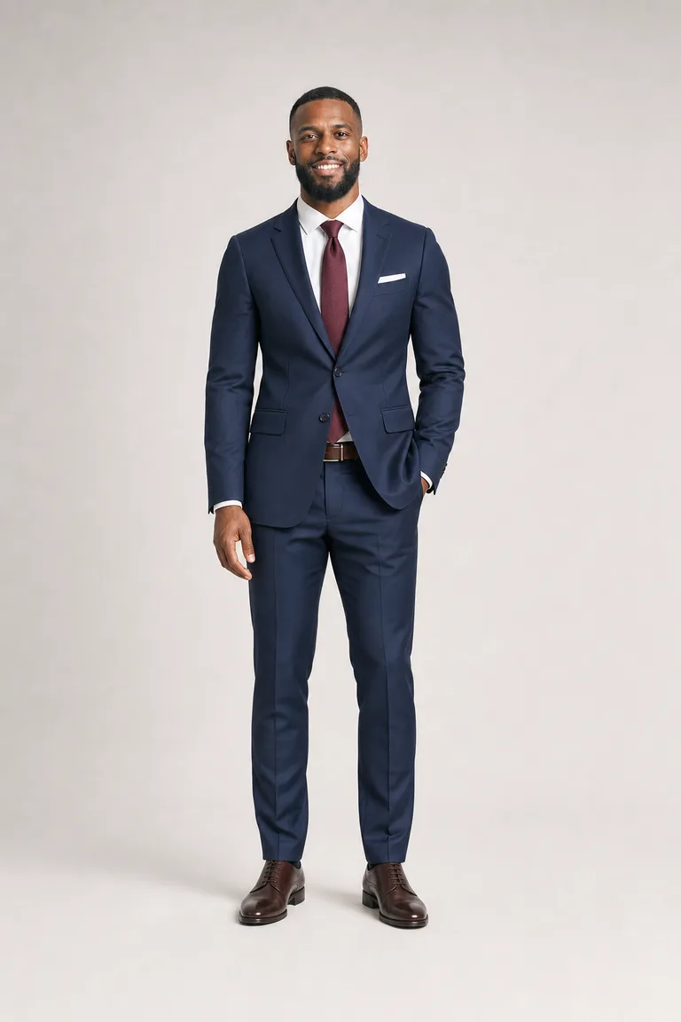 Marcus wears a navy suit with a white shirt, a burgundy tie, a white pocket square and dark brown oxfords.
