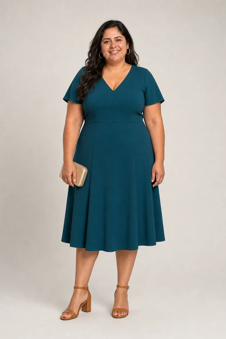 Sofia wears a deep teal crepe midi dress with short sleeves and a V-neck, gold hoops and cognac block-heel sandals.