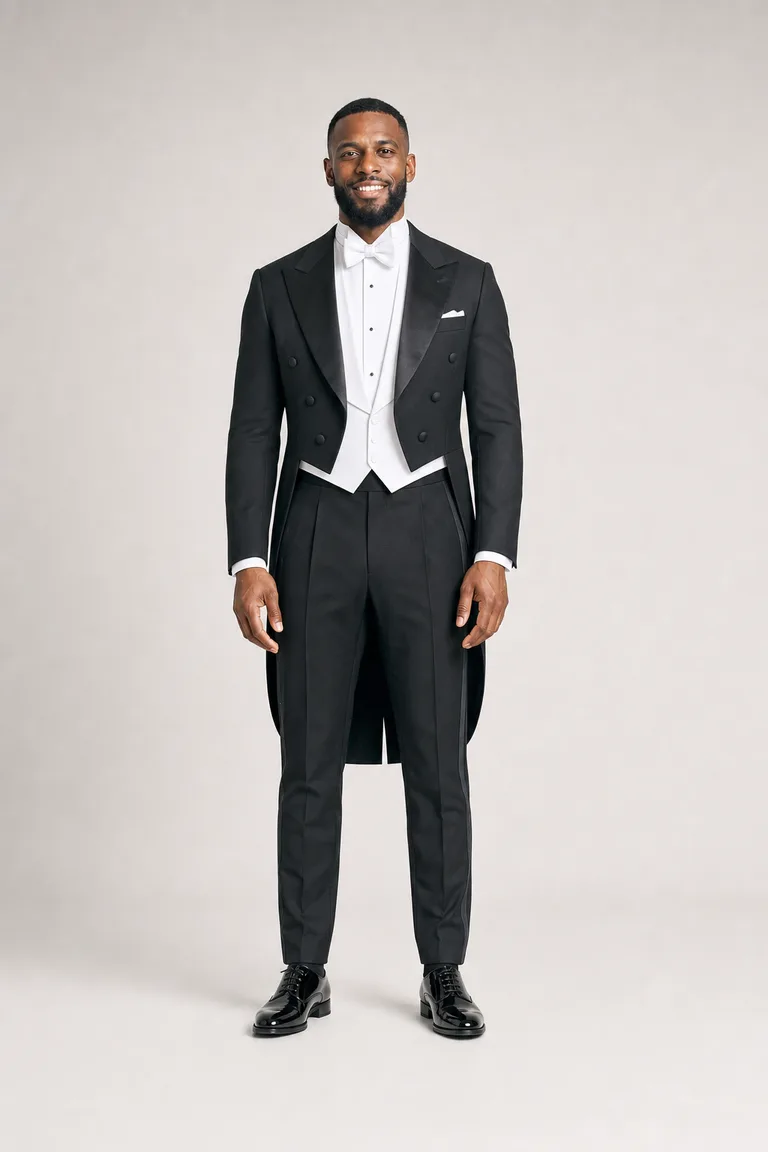 An athletic Black man wearing a black tailcoat with a white piqué waistcoat, wing-collar shirt, white bow tie and patent shoes.
