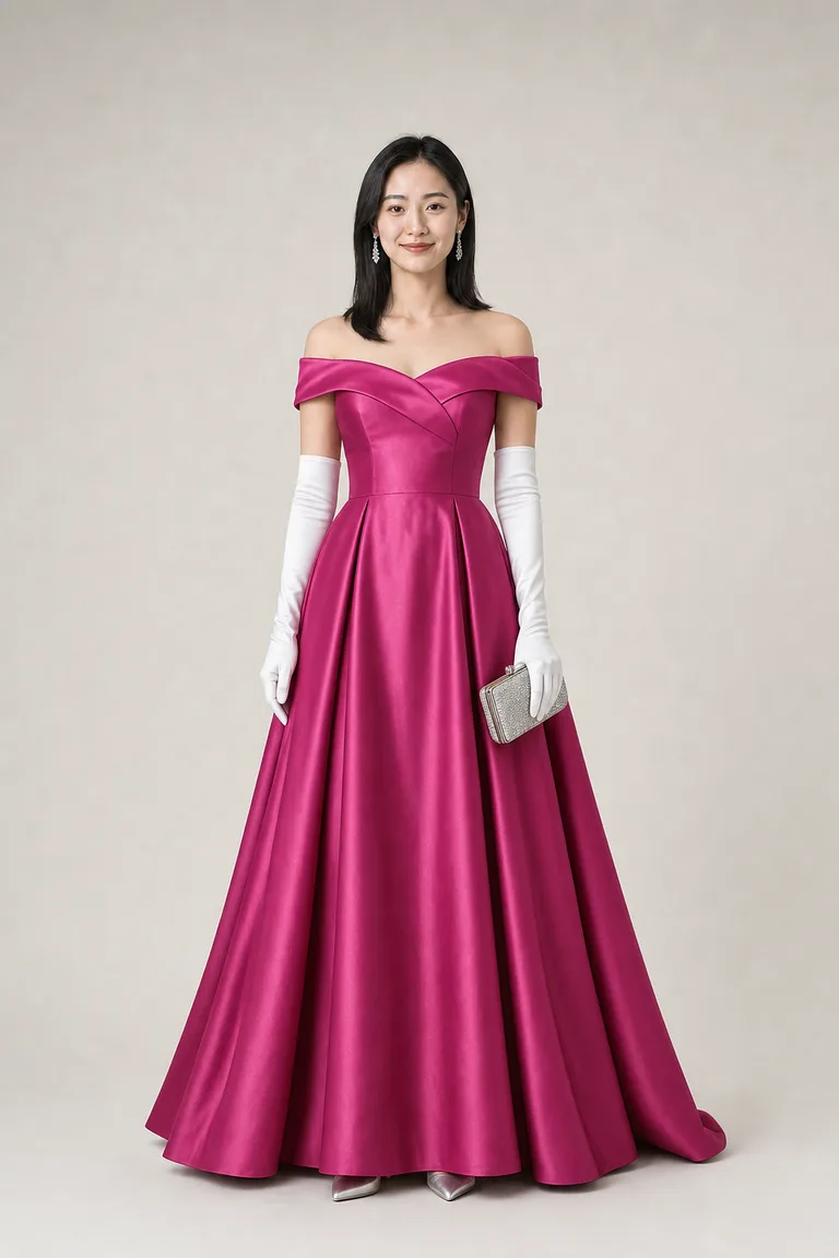 A tall East Asian woman in a fuchsia satin off-the-shoulder ball gown with white opera gloves and crystal drop earrings.