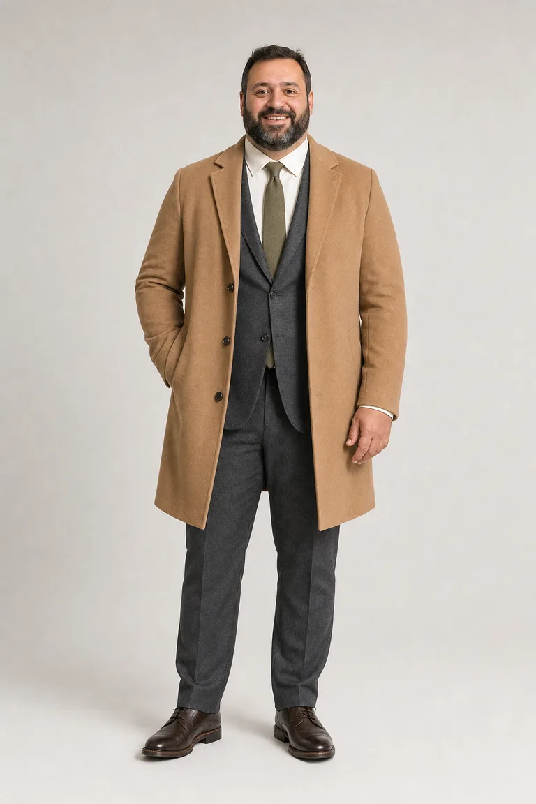 Diego wears a charcoal flannel suit with a cream shirt and an olive tie under an open camel overcoat, with dark brown derby shoes.